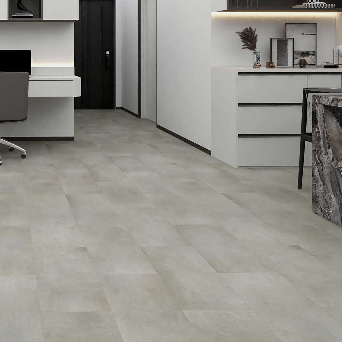 Klick Vinyl in grauer Betonfliesenoptik in einem offenen Wohnbereich. Fliese Drift