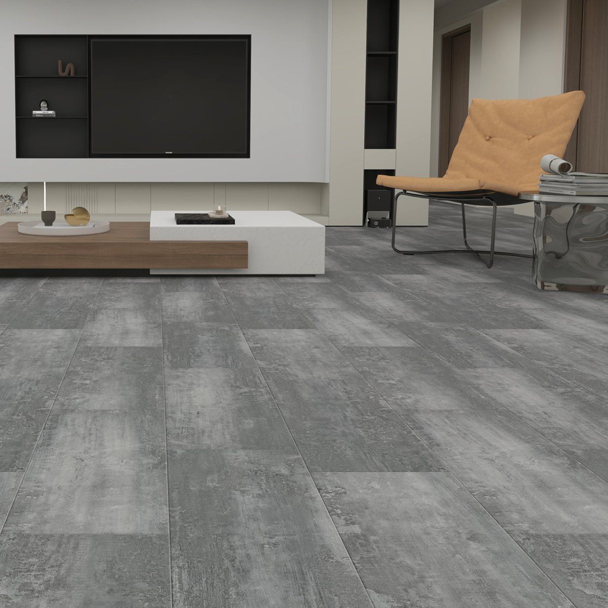 Klick Vinyl in dunkelgrauer Betonfliesenoptik in einem Wohnzimmer