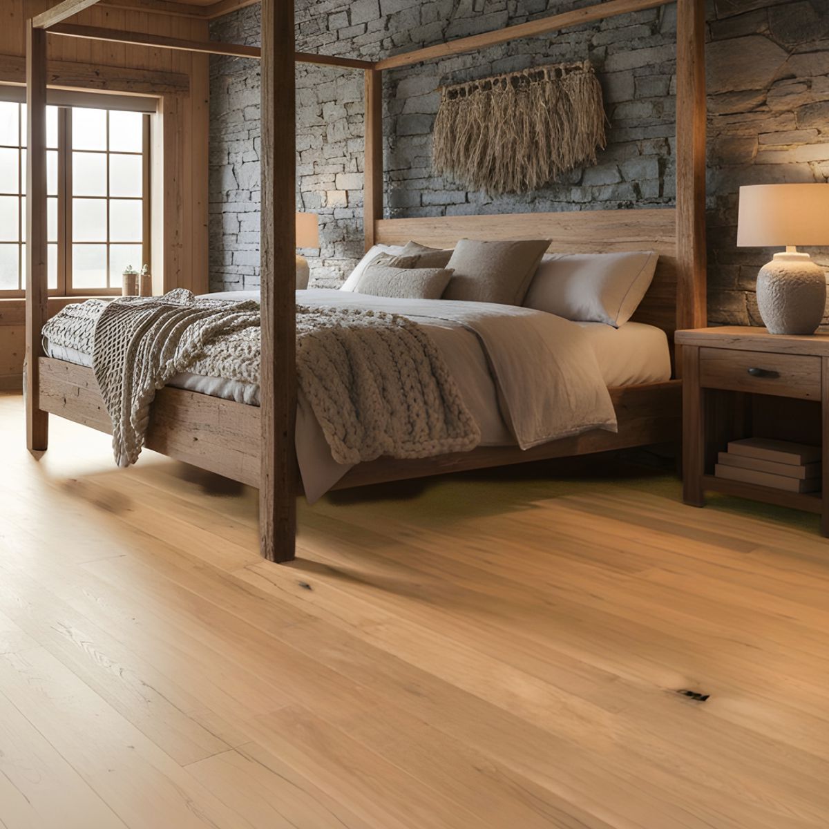 Parkettboden in Eichenholzoptik in einem traditionell eingerichteten Schlafzimmer