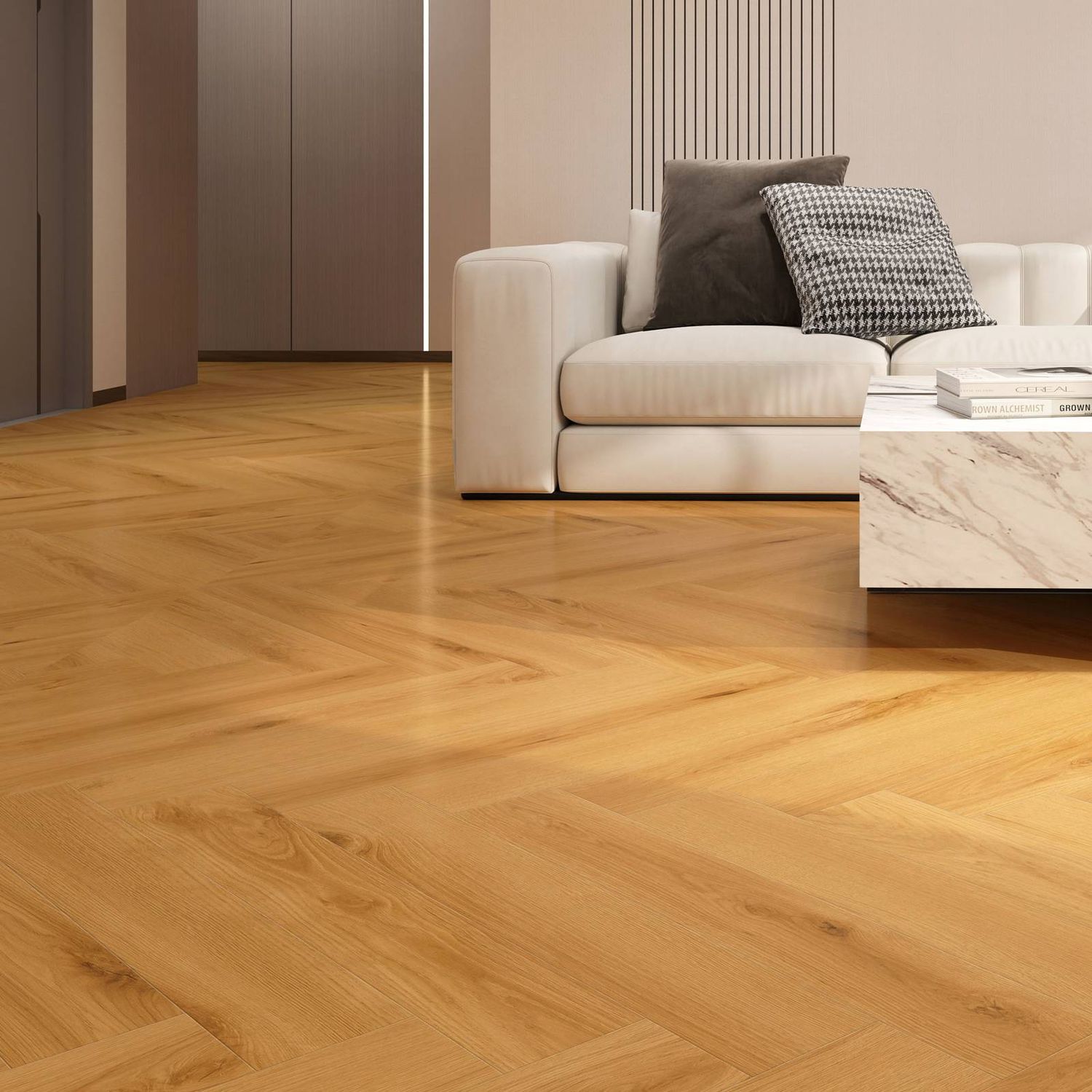 Klick-Vinylboden im Fischgrät Format in brauner Holzoptik in einem Wohnzimmer mit hellen und modernen Möbeln
