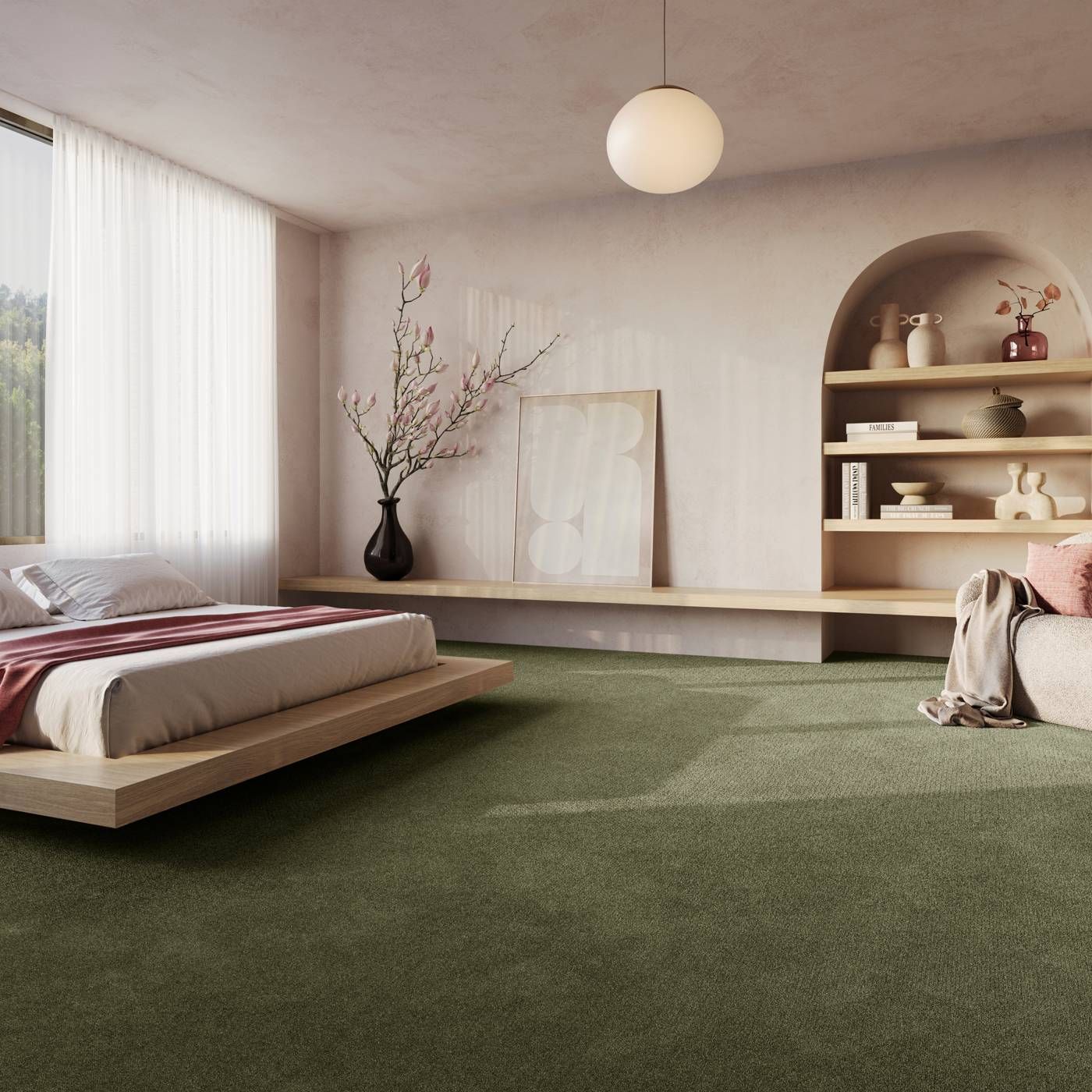 Raumbild eines Teppichbodens in Grün in einem modernen und schlichten Schlafzimmer in Braun und Beige