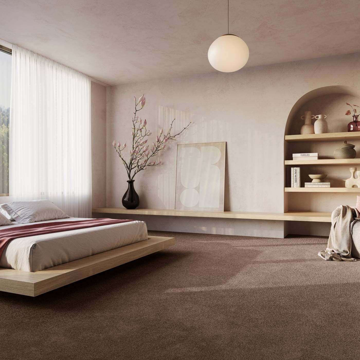 Raumbild eines Teppichbodens in Hellbraun in einem modernen und schlichten Schlafzimmer in Braun und Beige