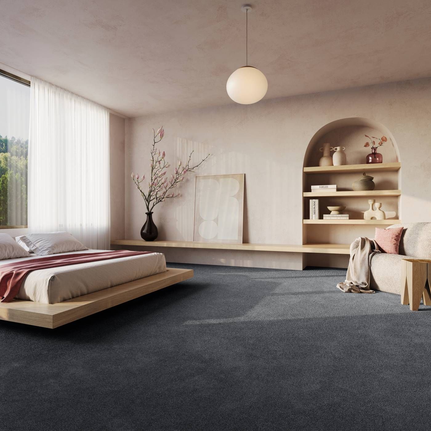 Raumbild eines Teppichbodens in Blau in einem modernen und schlichten Schlafzimmer in Braun und Beige