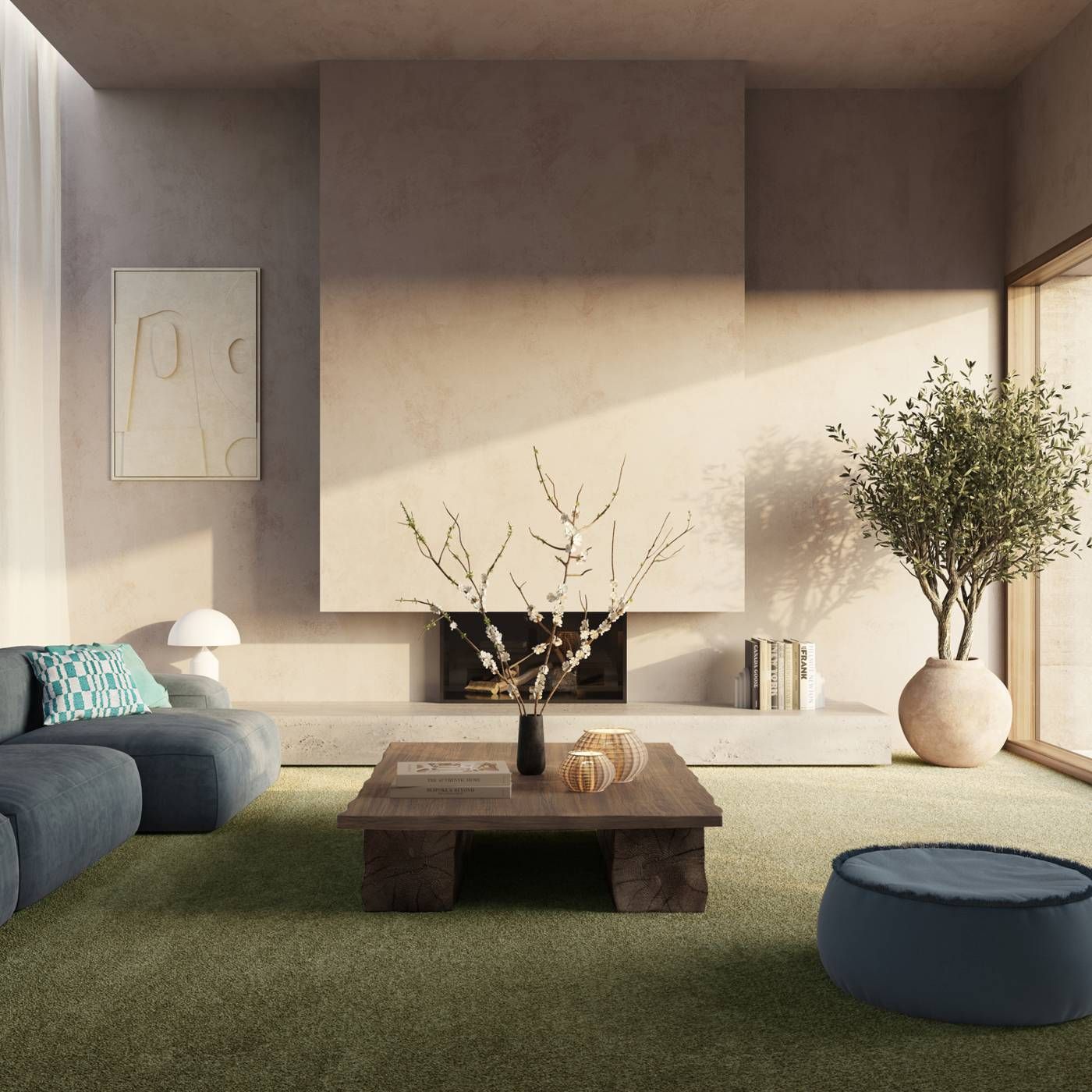 Raumbild eines Teppichbodens in Grün in einem modernen und minimalistischen Wohnzimmer in Grau und …