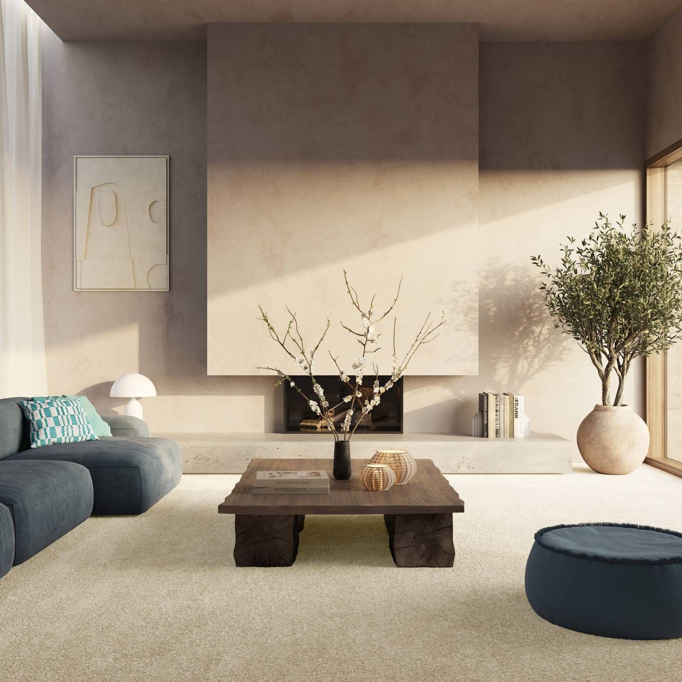 Raumbild eines Teppichbodens in Beige in einem modernen und minimalistischen Wohnzimmer in Grau und Beige