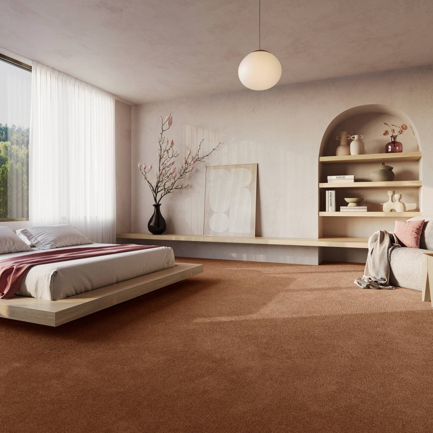Raumbild eines Teppichbodens in Orange in einem modernen und schlichten Schlafzimmer in Braun und Beige