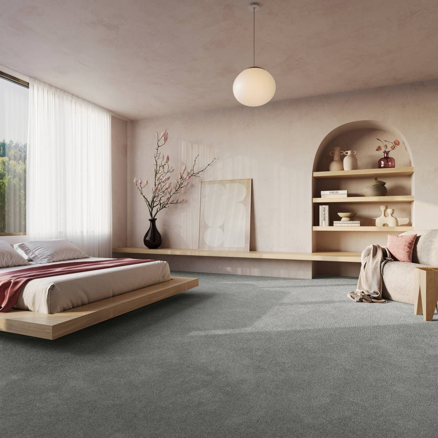 Raumbild eines Teppichbodens in Grau in einem modernen und schlichten Schlafzimmer in Braun und Beige