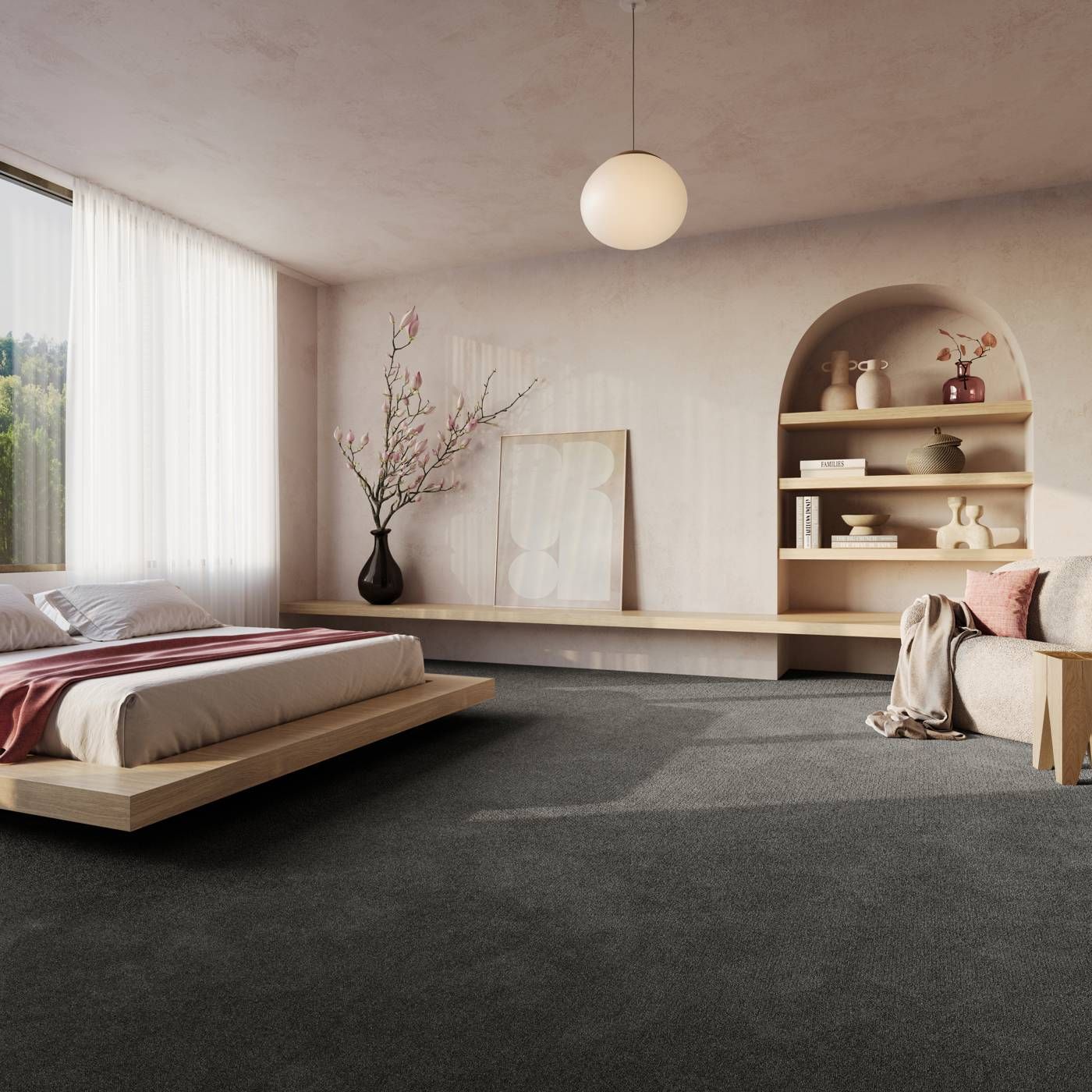Raumbild eines Teppichbodens in Dunkelgrau in einem modernen und schlichten Schlafzimmer in Braun und Beige