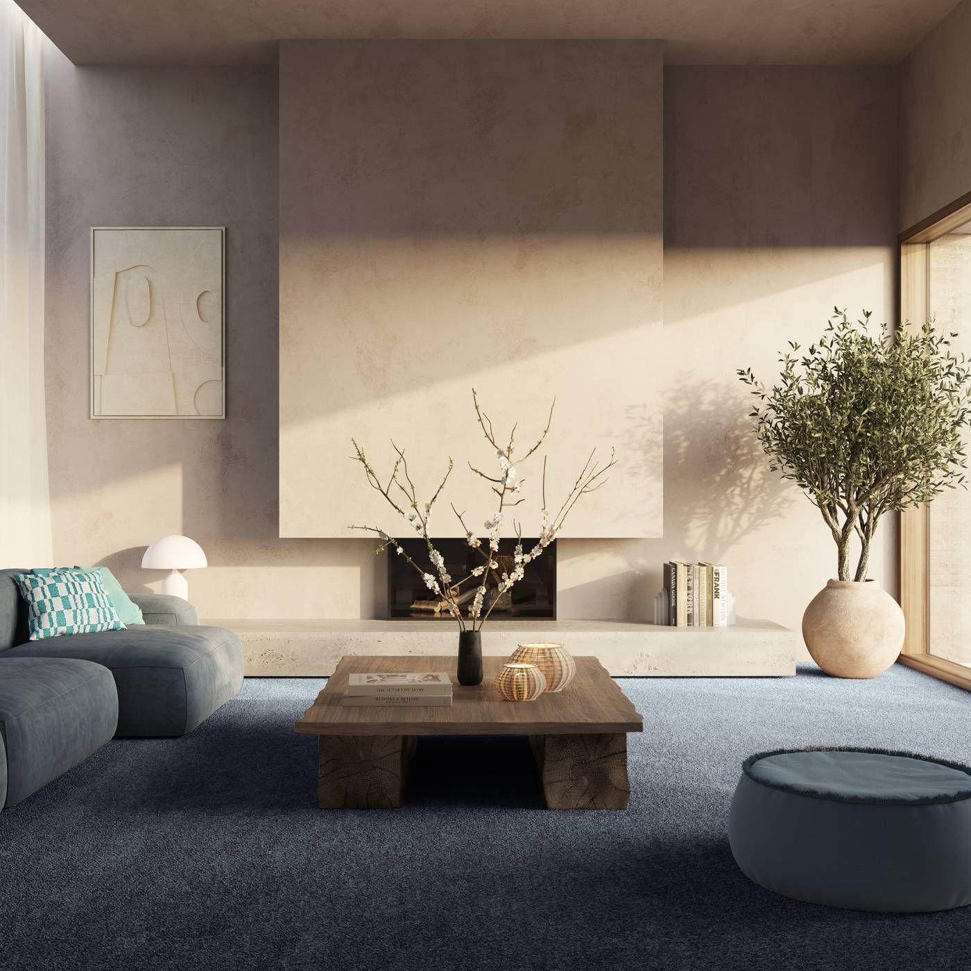 Raumbild eines Teppichbodens in Dunkelblau in einem modernen und minimalistischen Wohnzimmer in Grau und Beige