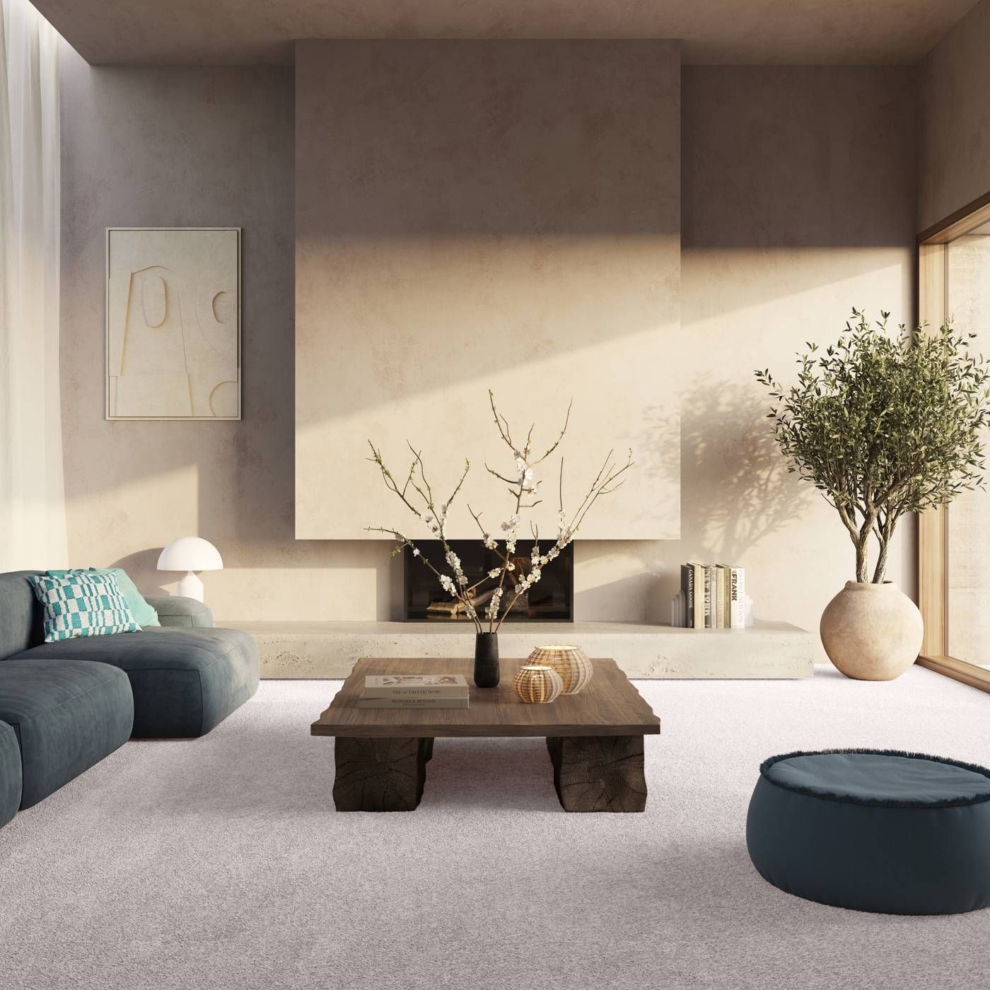 Raumbild eines Teppichbodens in Grau in einem modernen und minimalistischen Wohnzimmer in Grau und Beige