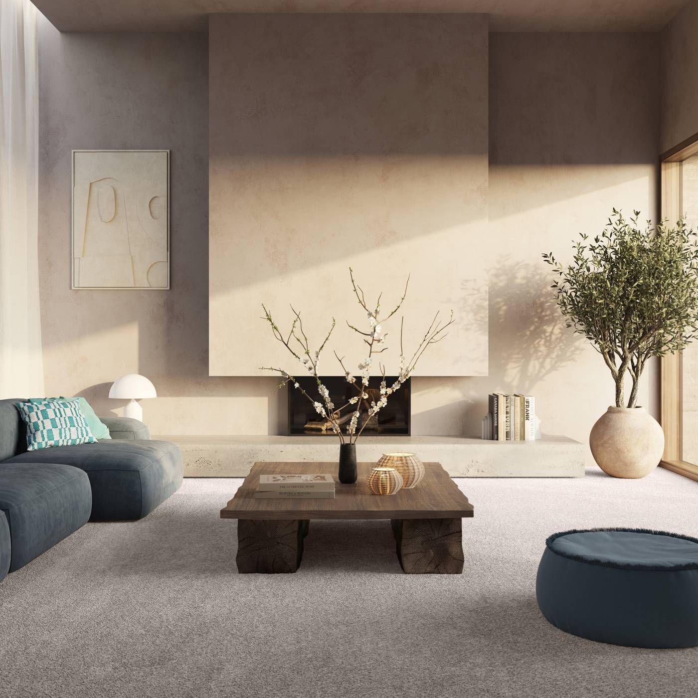 Raumbild eines Teppichbodens in Dunkelgrau in einem modernen und minimalistischen Wohnzimmer in Grau und Beige