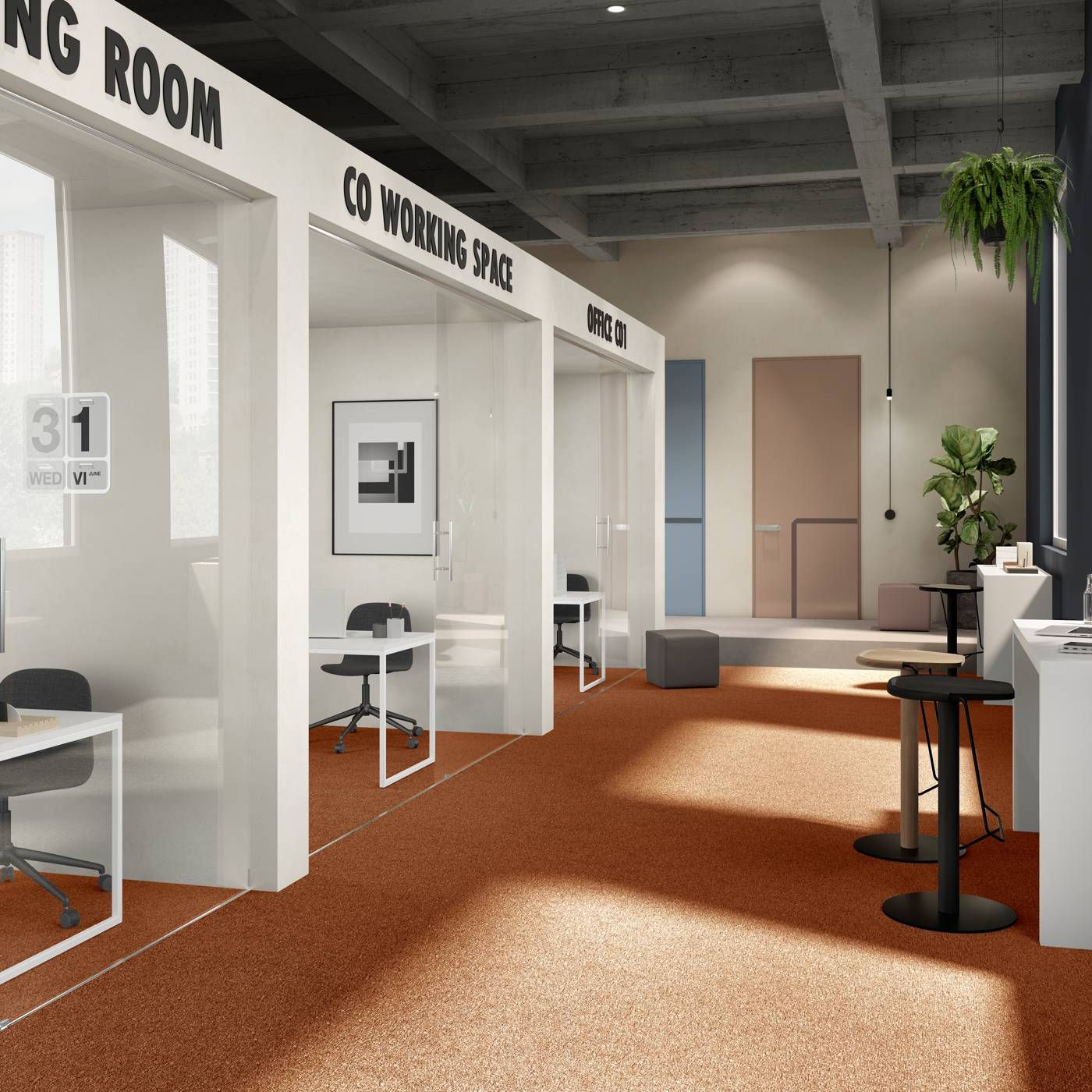 Raumbild eines Teppichbodens in Orange in einem modernen und offenen Bürobereich