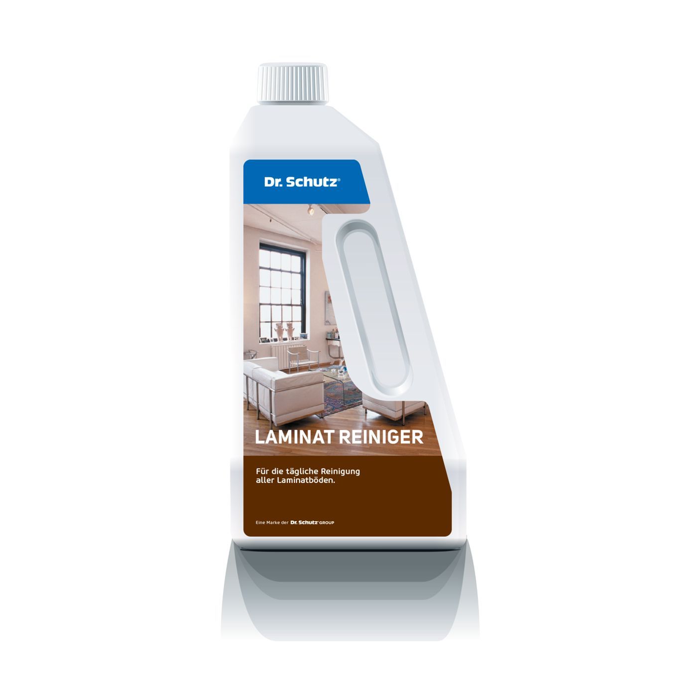 Eine Flasche Laminatreiniger aus weißem Kunststoff