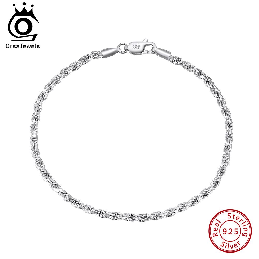 ORSA JEWELS 925 Sterling Silver 3mm Rope Chain Bracelets for Men Women Twisted Links Chain Bracelet Simple Classic Jewelry SB102