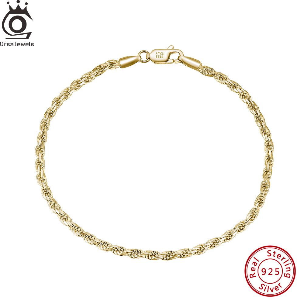 ORSA JEWELS 18K Gold Plated Rope Chain Bracelet Daily Simple Style 925 Stelring Silver For Women Men Bracelet Chain Gift SB101