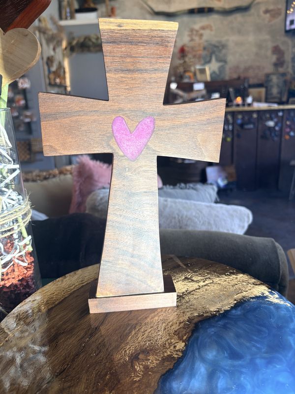 walnut cross with heart pendant