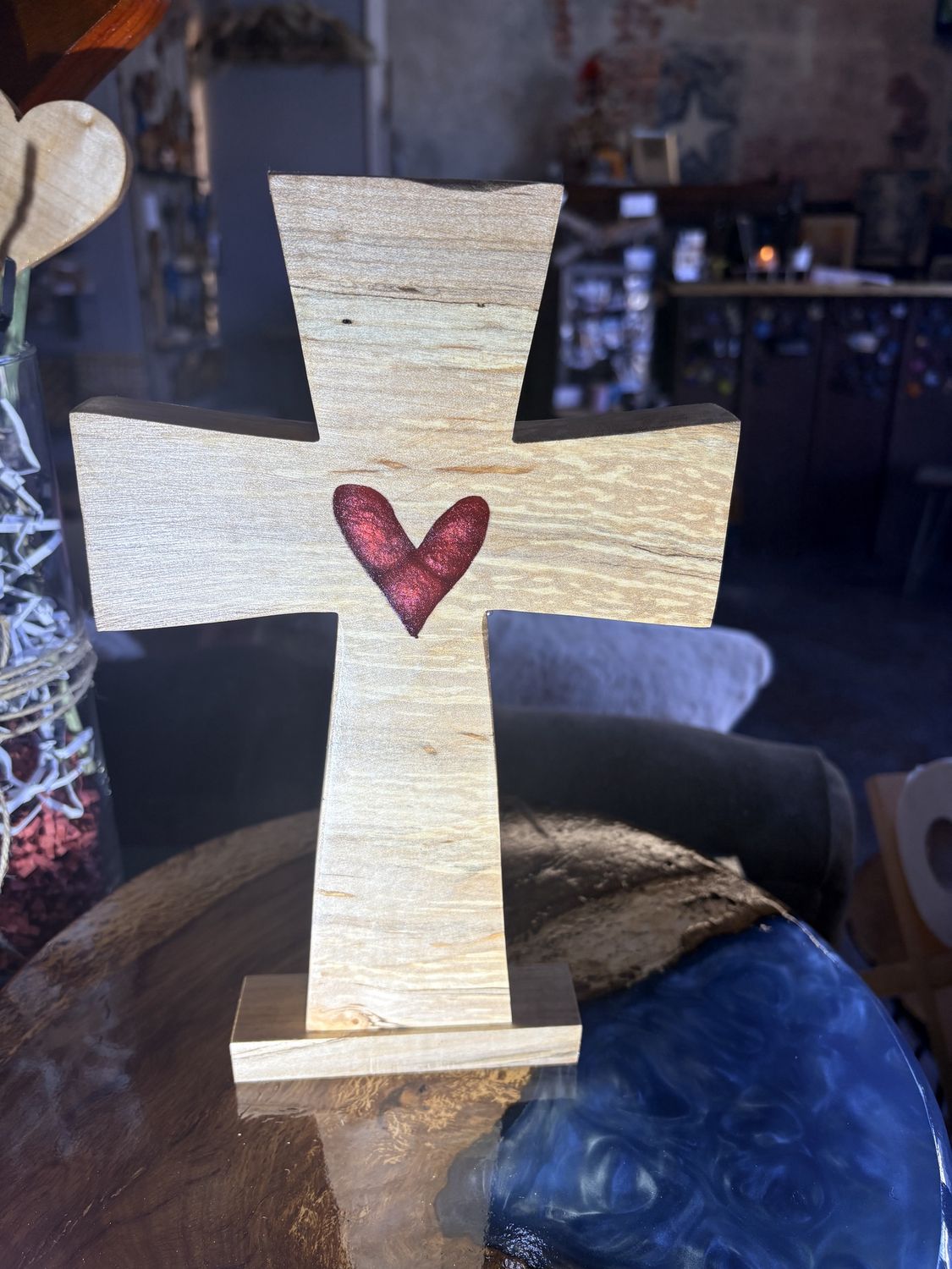 maple cross with heart pendant
