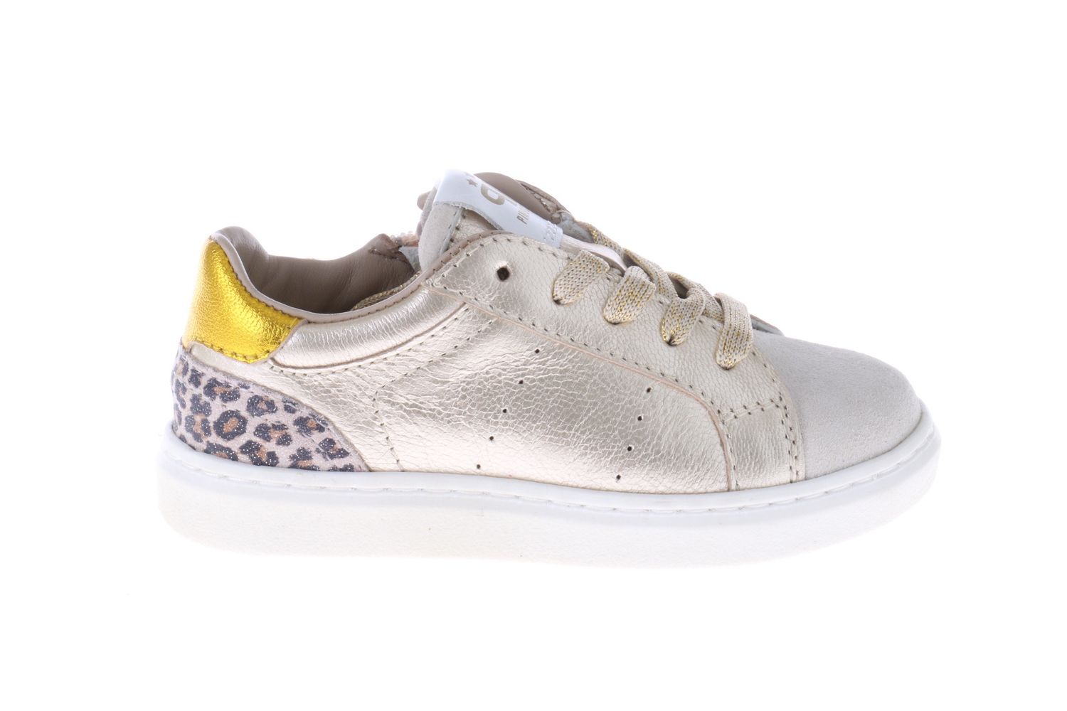 Pinocchio sneaker - goud met panter en okergele details Pinocchio sneaker - goud met panter en okergele details