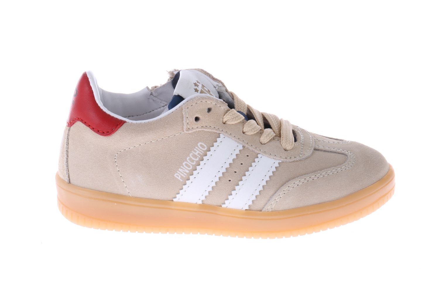 Pinocchio sneaker - beige met witte strepen en rood detail