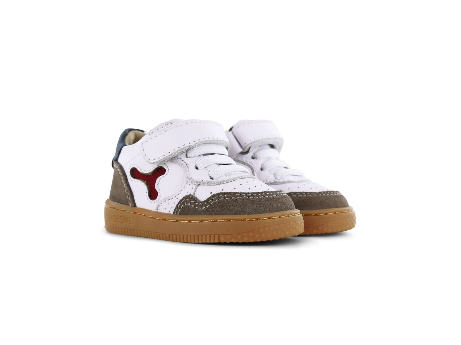 Shoesme babysneaker wit met taupe en bordeaux rood Shoesme babysneaker wit met taupe en bordeaux rood