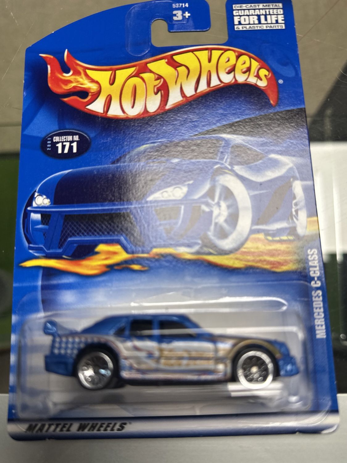Hot Wheels 2001 Mainline Mercedes C-Class Blue w/ Gold Flames #171
