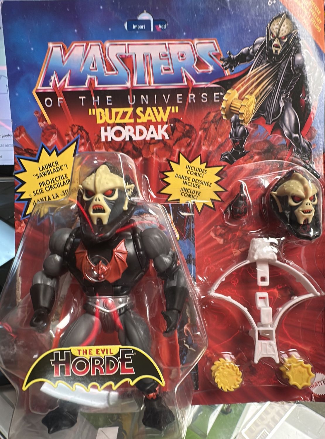 MOTU Origins Buzz Saw Hordak Figure on Foreign Card Large Red Eye Variant Horde