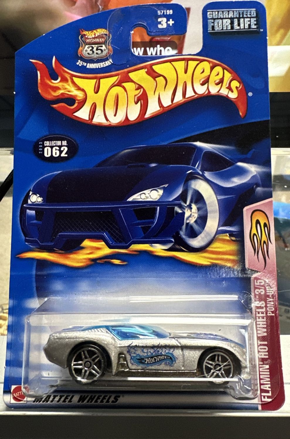 2003 Hot Wheels #62 Flamin' Hot Wheels 3/5 PONY-UP Silver w/Chrome Pr5 Spokes