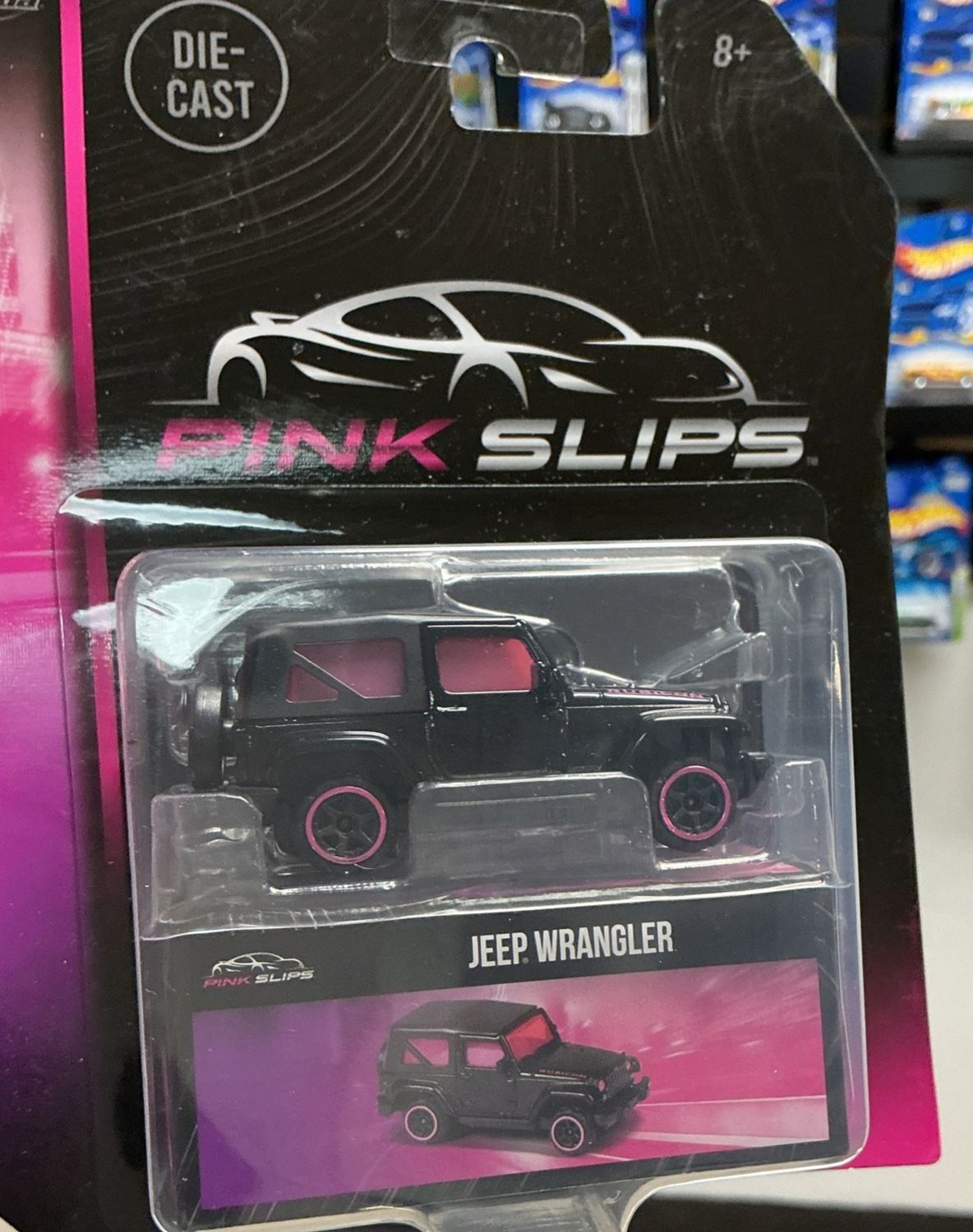 Jada Toys Pink Slips Jeep Wrangler Black with Pink Rims 1:64 Collector Box