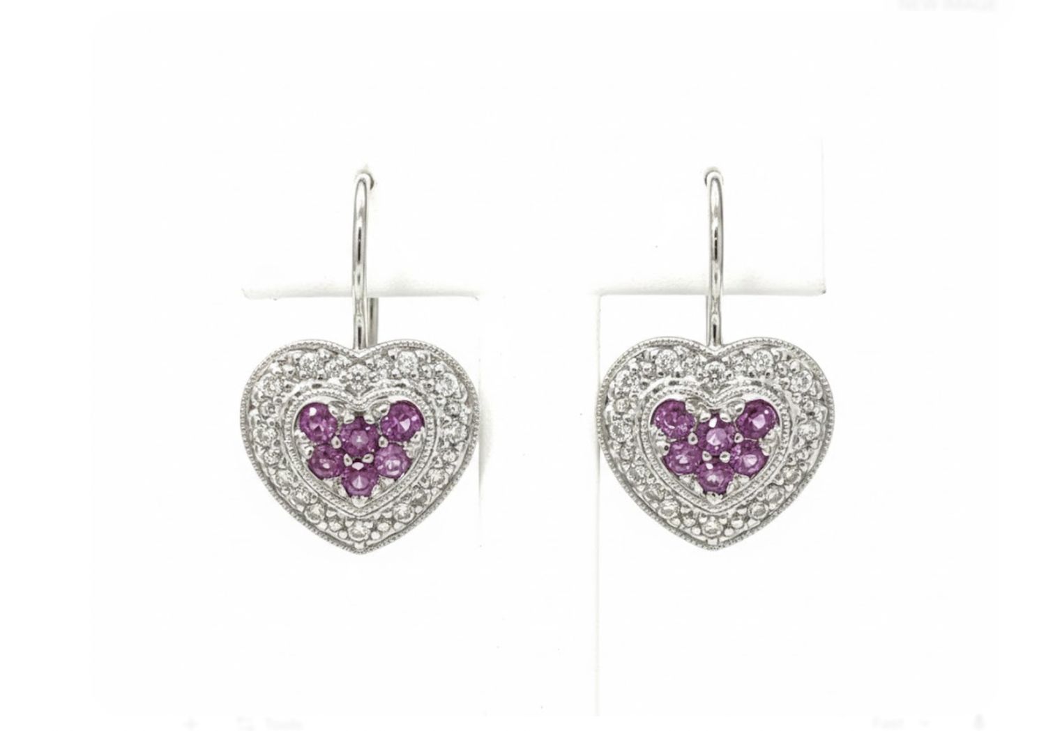 14K WG .20tw Dia Pink Sapphire heart earrings