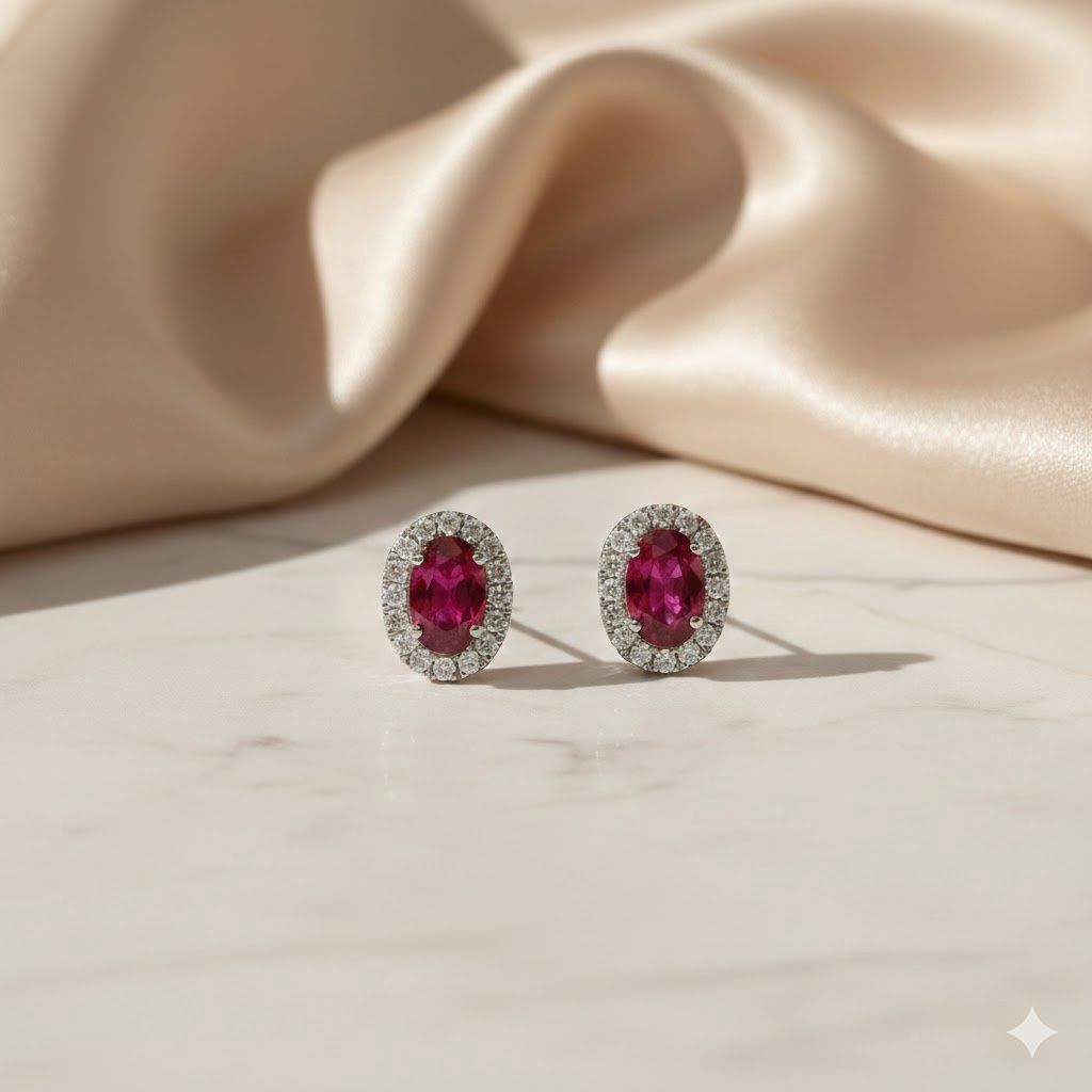 14K RUBY OVAL DIA STUDS