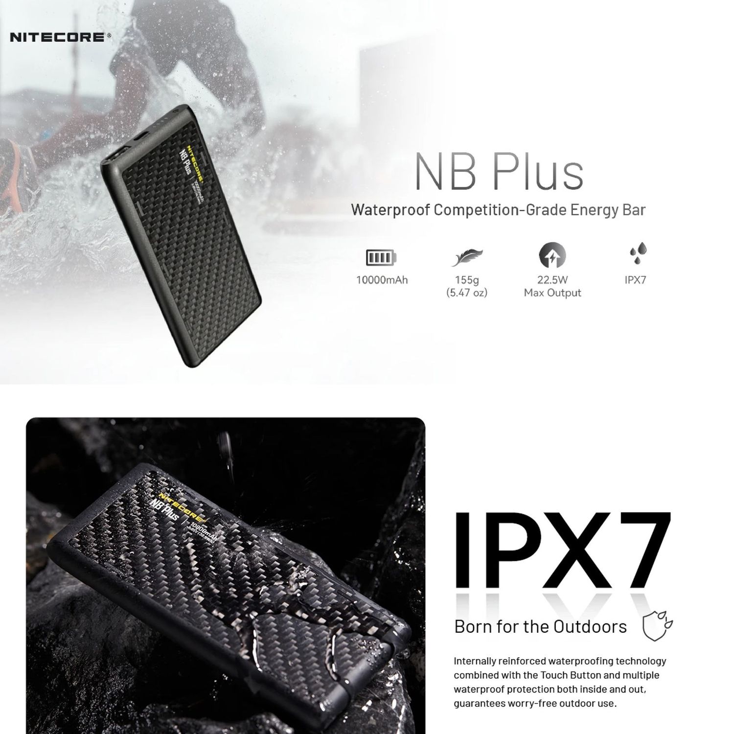 NITECORE NB Plus 10000mAh 超輕碳纖防水行動電源｜IPX7｜22.5W 快充｜155g 輕量