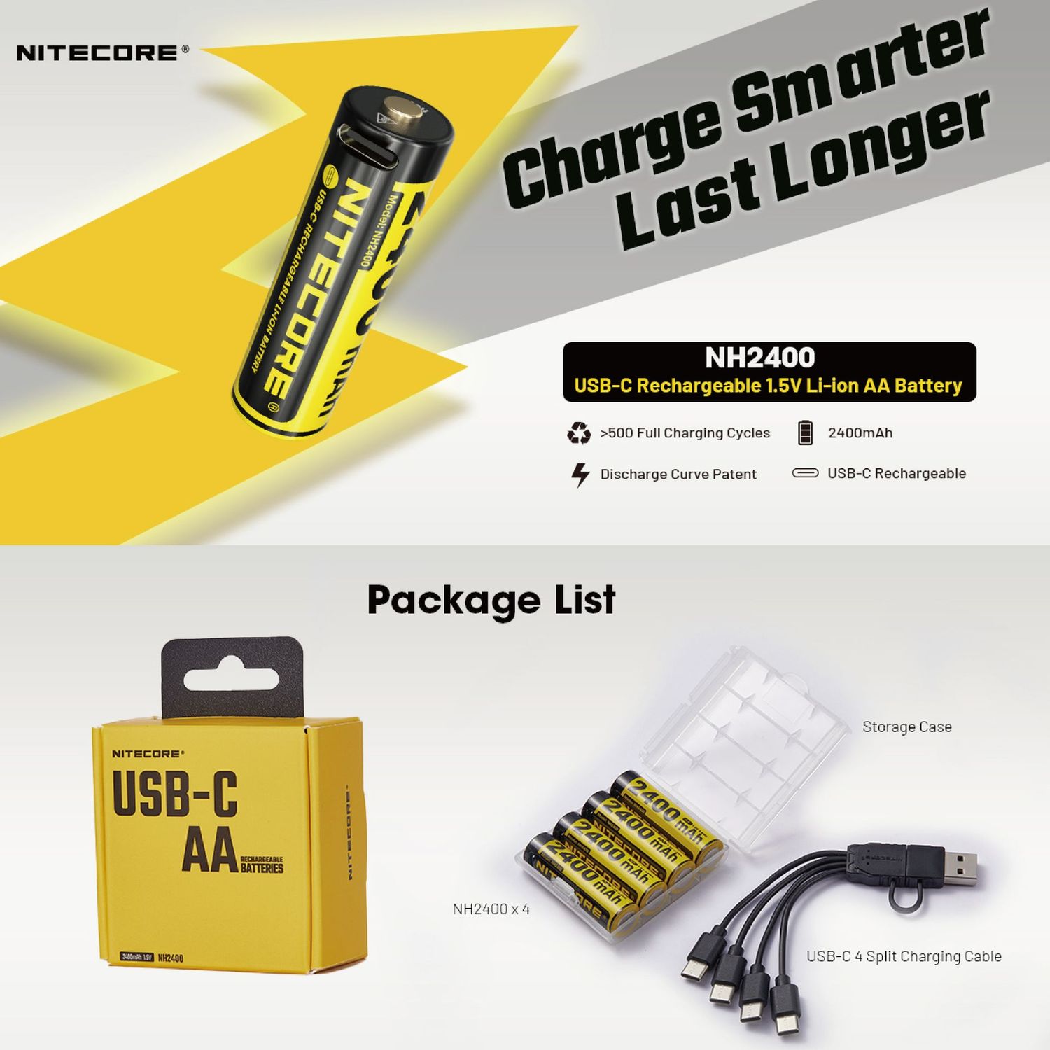 NITECORE NH2400 USB-C 可充電AA電池 (4粒裝) Rechargeable 1.5V Li-ion AA Batteries (4 pcs) NITECORE NH2400 USB-C 可充電AA電池 (4粒裝) Rechargeable 1.5V Li-ion AA Batteries (4 pcs)