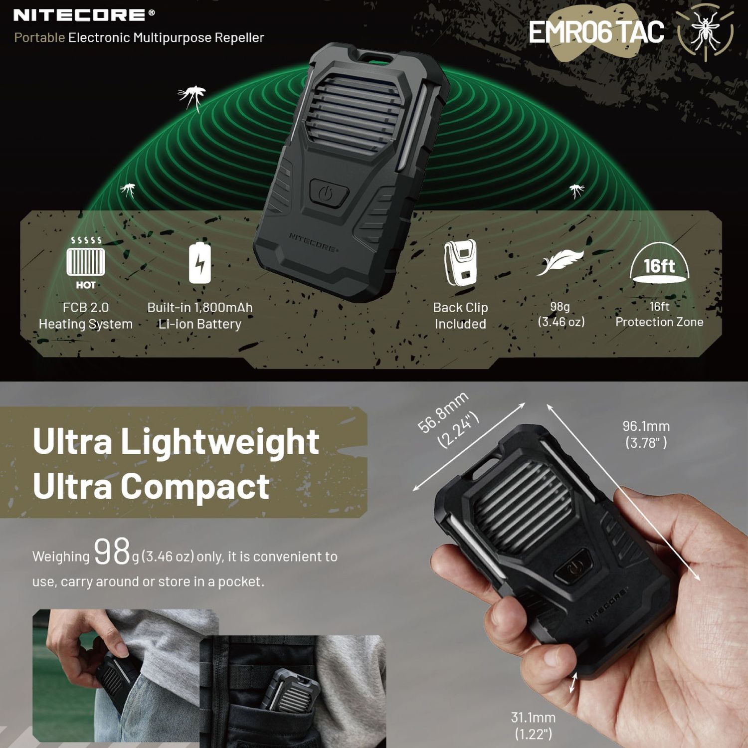 NITECORE EMR06 TAC 戶外隨身迷你驅蚊機 (附背包夾) Portable Electronic Multipurpose Repeller NITECORE EMR06 TAC 戶外隨身迷你驅蚊機 (附背包夾) Portable Electronic Multipurpose Repeller