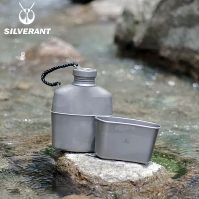 SilverAnt 純鈦行軍壺 1L 連純鈦杯 (帶繩款) Titanium Canteen Military Mess Kit | 可明火直燒
