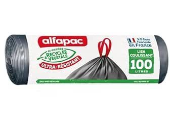Alfapac 10 sacs poubelle 100L à lien coulissant utra résistant fabriqué en France bi matière recyclée et végétale
