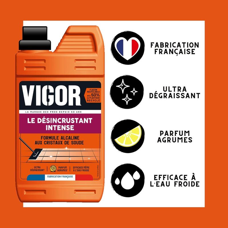 Vigor désincrustant intense / formule Alcaline aux critaux de soude / ultra dégraissant / parfum agrumes / fabrication francaise 1l