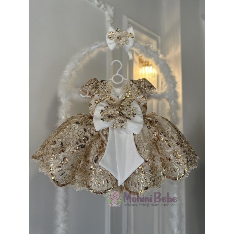 Vestido de bautizo niña blanco y dorado con encaje brilliante Elisabeth