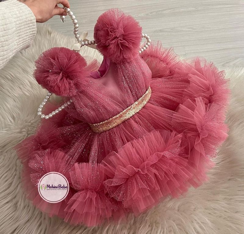 Vestido Niña Rosa Purpurina Pompones Tul Fiesta Cumpleaños Gala Cinturón Brillo | Suki