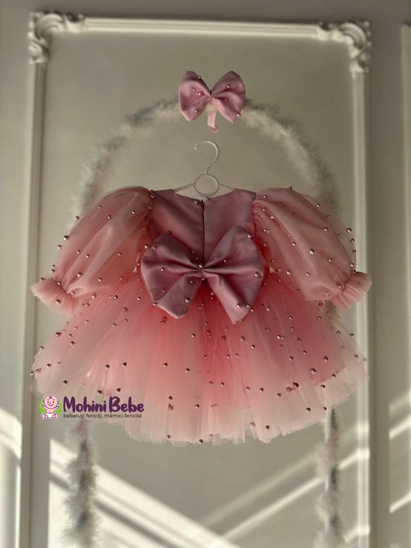 Vestido Princesa Rosa con Mangas Abullonadas, Perlas Brillantes y Gran Lazo | Bautizo, Primer Añito y Gala Niña | Tressa