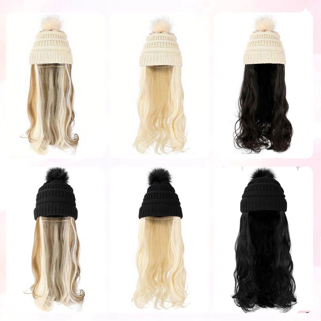 Knit Beanie Hat With Long Wavy Hair