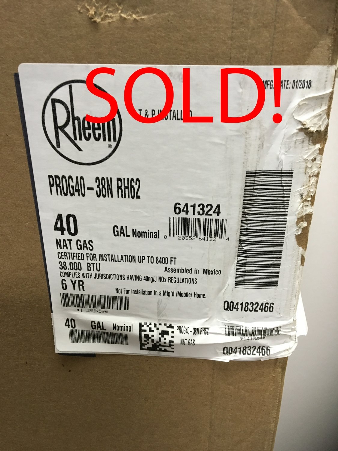PROG40T38N RH62 Rheem 40 Gallon Tall Professional Classic Natural Gas