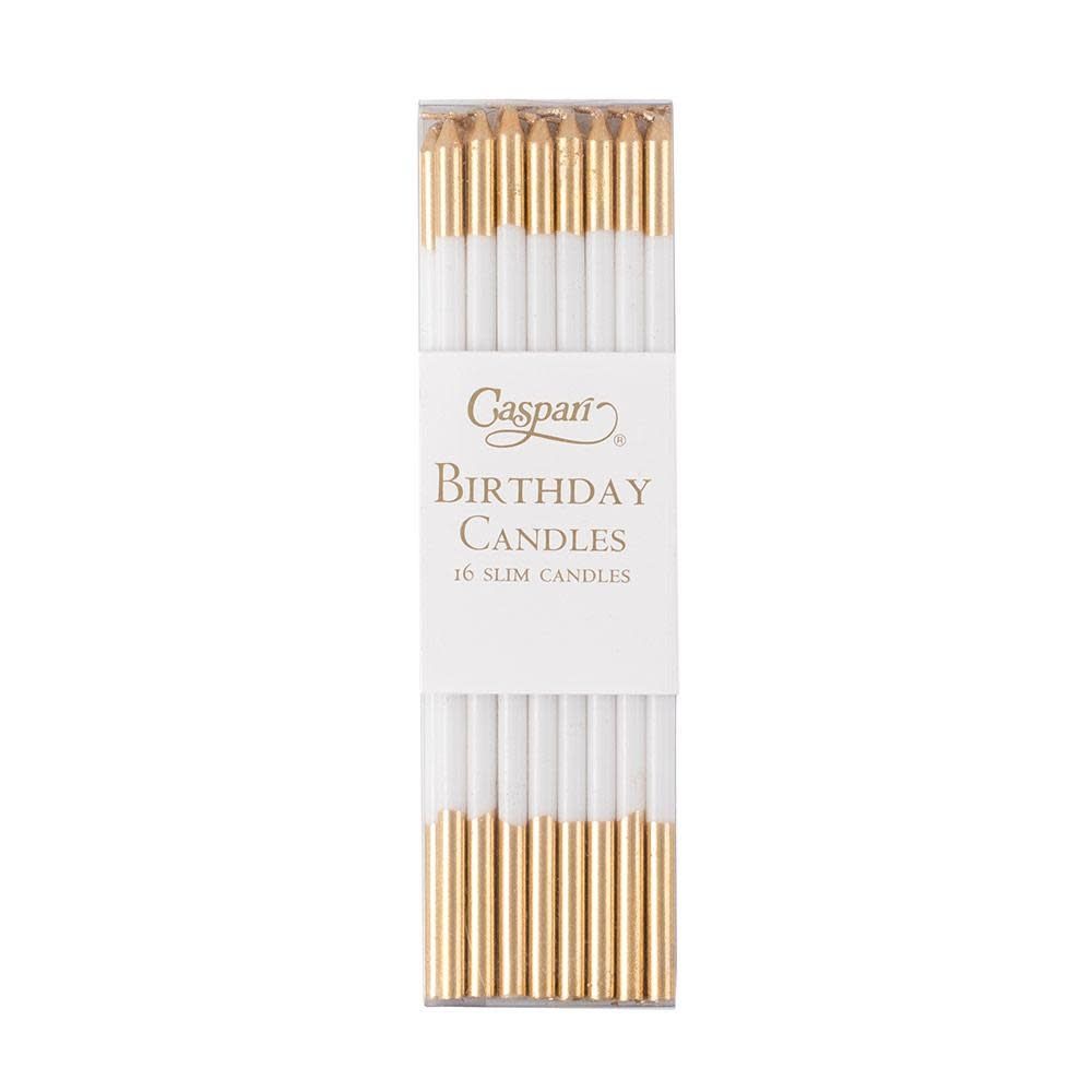 Slim Birthday Candles in White &amp; Gold - 16 Candles Per Package