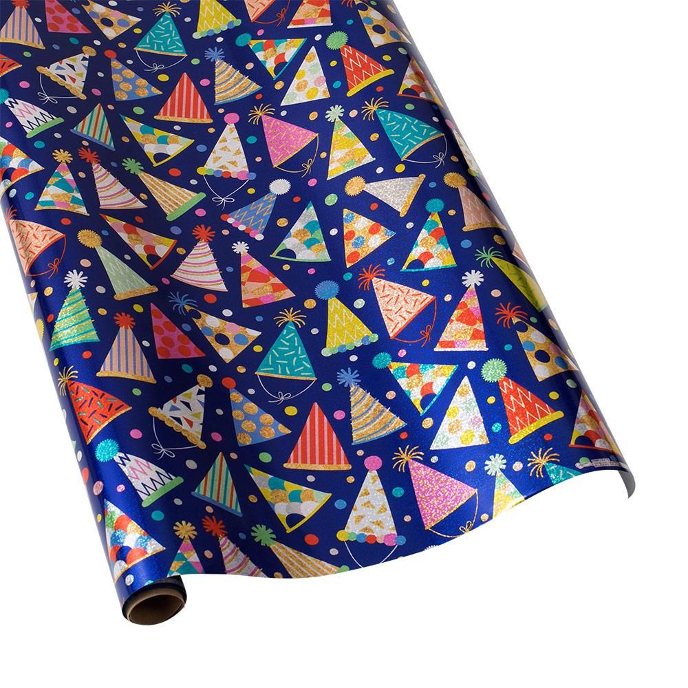 Party Hats Holographic Gift Wrapping Paper in Blue - 30" x 5' Roll