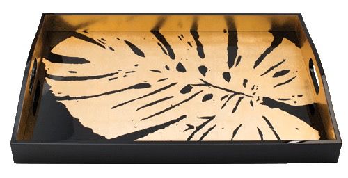 Palm Leaves Lacquer Large Rectangle Tray in Black &amp; Gold