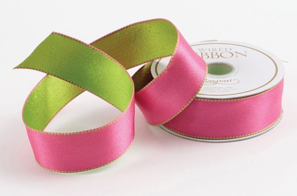 Pink &amp; Green Reversible Satin Wired Ribbon - 10 Yard Spool