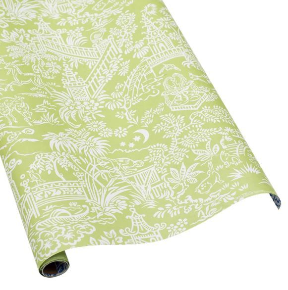 Pagoda Toile Reversible Gift Wrapping Paper in Green &amp; Blue - 30" x 5' Roll
