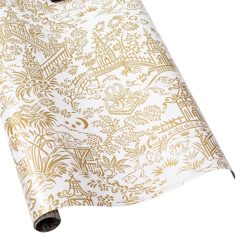 Pagoda Toile Reversible Gift Wrapping Paper in Gold &amp; Silver - 30" x 5' Roll