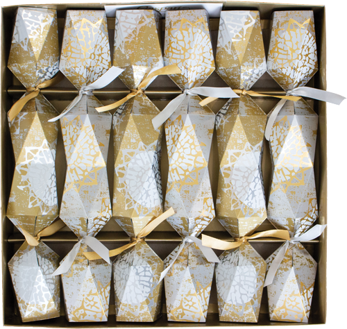 Block Print Stars Platinum/Gold Faceted Christmas Crackers 6 Count 12.5 Inch Long