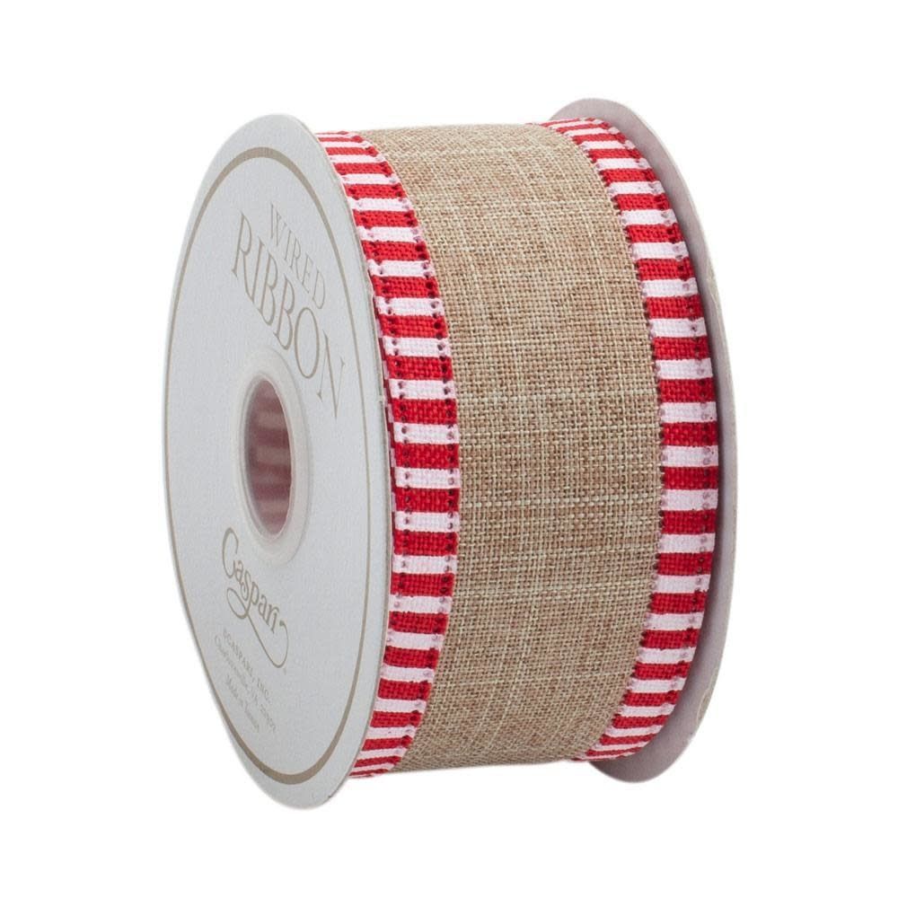 Beige Linen Striped Border Wired Ribbon - 6 Yard Spool