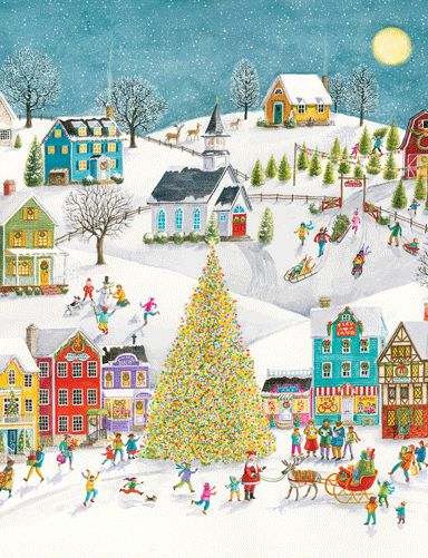 Winter Village Scene Christmas Card Box 16 Count